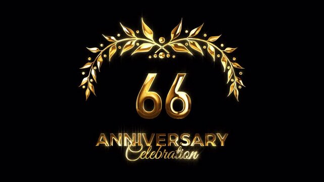 66th Anniversary Celebration. Happy 66 Years Anniversary Animation in Gold Color on the Transparent Background, Alpha Channel. Great for greetings, celebrations, events, and gifts.