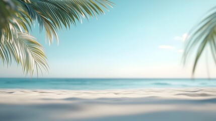 Fototapeta premium Stunning Tropical Beach Scenery with Palm Trees and Calm Ocean Waves