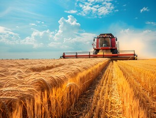 Obraz premium Harvesting wheat in a sunny field with a combine harvester during early afternoon