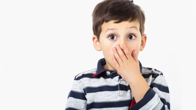 Boy with a surprised expression covering his mouth with his hand
