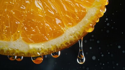 Fresh juicy orange fruit slice closeup macro view with texture and juice dripping