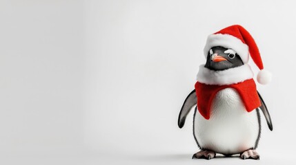 Fototapeta premium Adorable penguin dressed in a Santa costume, standing against a clean white background. 