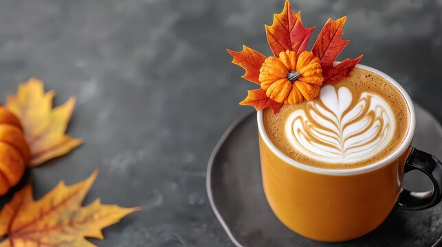 Closeup of a vibrant pumpkin spice latte with fall leaf garnish, a Halloween Thanksgiving beverage