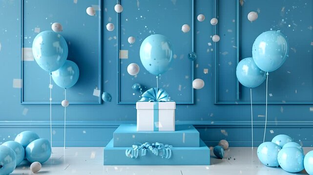 Podium with festive balloons and product boxes on blue stage