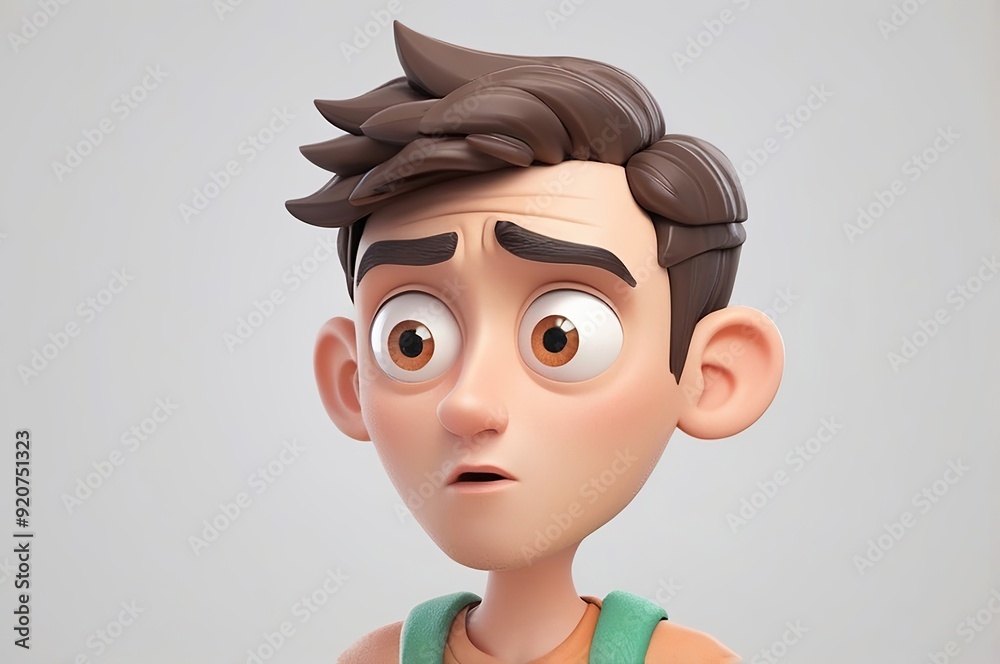 Wall mural confused puzzled cartoon character young man with a perplexed expression in 3d style design on a lig