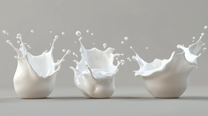 "Set of milk splashes and pouring, including yogurt or cream, with clipping path. 3D illustration showcasing fluid dynamics."