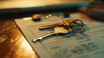 Keys and documents on top of a desk in an office setting. A symbol of access or security in the context of business, finance, property management, or legal matters.