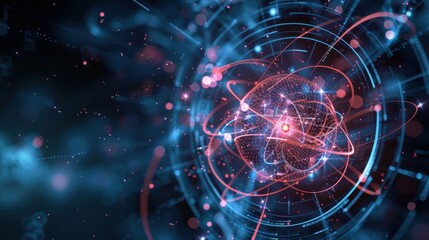 Obraz premium Abstract digital representation of atom particles, with vibrant lights and intricate connections, showcasing advanced technology and scientific concept.