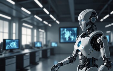 Fototapeta premium A robot positioned before a computer screen, symbolizing the intersection of artificial intelligence and digital technology.