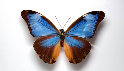 Blue Morpho Butterfly with Spread Wings Isolated on White Background