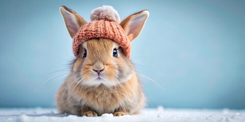 Cute bunny wearing a winter hat, rabbit, adorable, fluffy, cold, snow,cozy, warm, holiday, festive, seasonal, whiskers, furry, hat