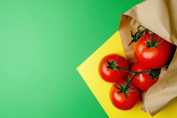 Creative template for designing with frontal shot against green color background, some ripe tomatoes flat lay on yellow countertop, next to a paper bag of vegetable. with generative ai