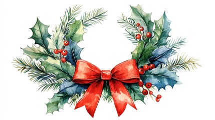 Watercolor Christmas wreath with holly, pine, and a red bow.
