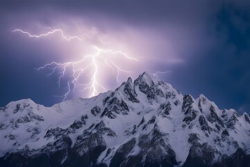 A bright lightning bolt illuminating a snow covered mountain range under a clear sky, AI Generated