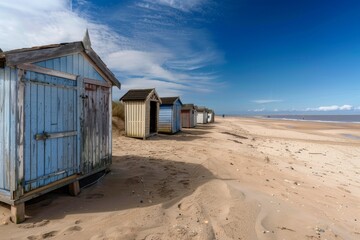 Cabines de bain multicolores align&eacute;es sur la plage d&eacute;serte de Berck-plage au petit matin. Beautiful simple AI generated image in 4K, unique.