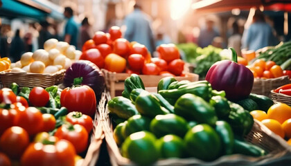 Outdoor grocery market with fresh vegetables and fruit. 