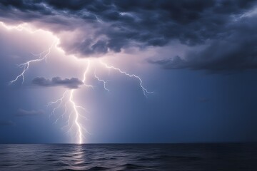 A bright lightning bolt over a calm sea with thunderclouds looming in the distance, Ai Generated