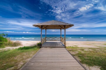Cabines de bain multicolores align&eacute;es sur la plage d&eacute;serte de Berck-plage au petit matin. Beautiful simple AI generated image in 4K, unique.