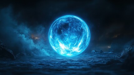 Glowing Blue Sphere in a Dark, Foggy Landscape