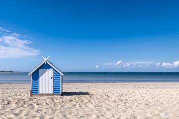 Cabines de bain multicolores align&eacute;es sur la plage d&eacute;serte de Berck-plage au petit matin. Beautiful simple AI generated image in 4K, unique.