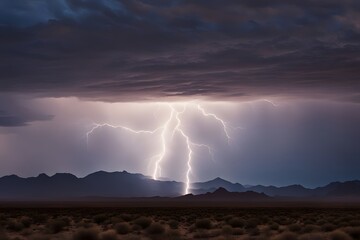 A bright lightning bolt over a desert landscape with distant mountains silhouetted against the sky, Ai Generated