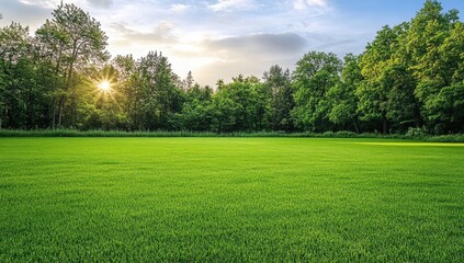 Lush Green Lawn with Trees in the Background. Wide Grass Field in a Park or Garden on a Summer Day Park
