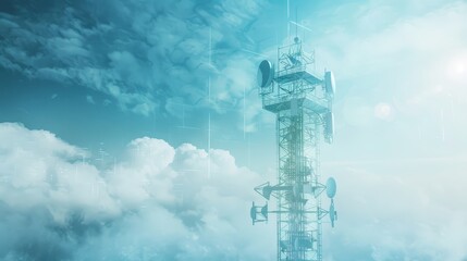 Obraz premium Telecommunication tower standing tall amidst cloudy blue sky, representing modern communication and technology infrastructure.