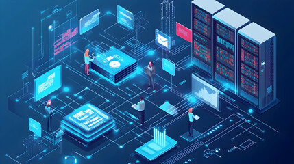 IT Infrastructure Management - A visual  of complex IT infrastructure, including servers, networks, and data centers being managed efficiently