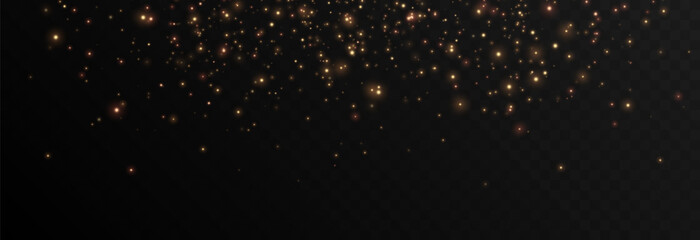 Vector gold dust png. Gold sparkles on isolated transparent background. Spraying glowing particles, glowing dust png. Light effect, Christmas light.