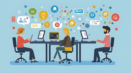 IT Support and Help Desk Solutions - A visual of IT support specialists assisting users with technical issues, providing solutions through remote connections and chat interfaces