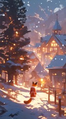Enchanting Anime Winter Wonderland: Dreamy Christmas Eve Scene with Red Fox on Snowy Path to Festive Village. Magical Digital Art for Holiday Greetings, Storybook Illustrations, and Seasonal Marketing