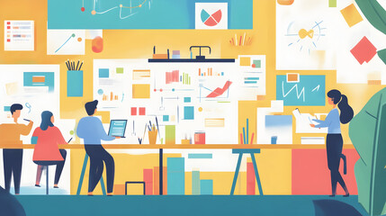  A creative workspace filled with tools, brainstorming boards, and employees developing innovative solutions