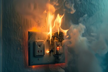 An electrical power outlet is on fire with bright, intense flames and smoke rising, emphasizing the critical need for safety measures to prevent electrical malfunctions and fires.
