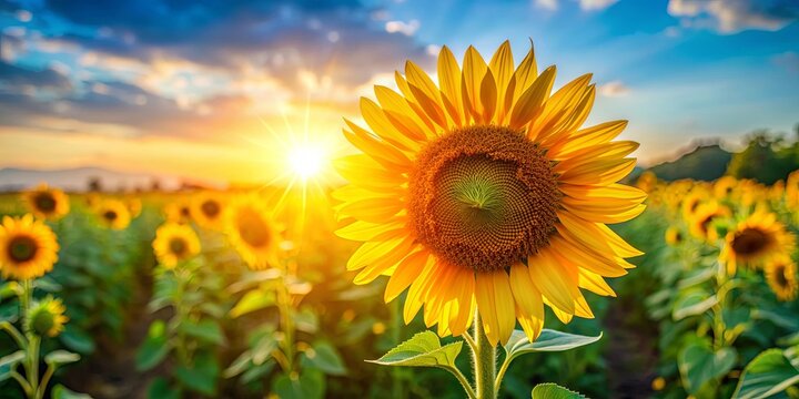 Vibrant photo of a blooming Hinata (sunflower) in a sunlit field, sunflower, vibrant, blooming, nature, yellow, petals, plant