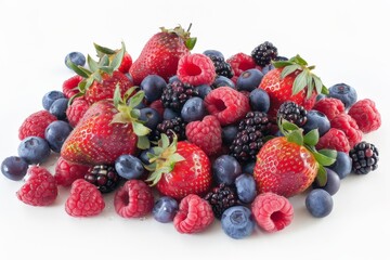 Obraz premium Fresh mix of strawberries, raspberries, blueberries, and blackberries placed on a white background with droplets of moisture, showcasing their vibrant colors.