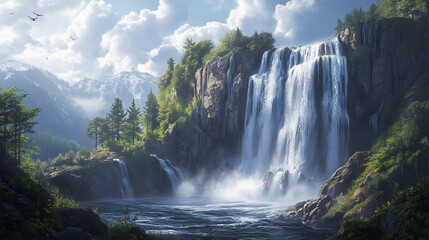 Naklejka premium Majestic waterfall cascading down a rocky cliff