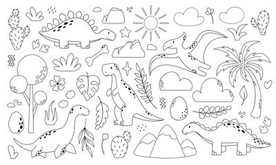 Vector dinosaur set. Line art illustrations