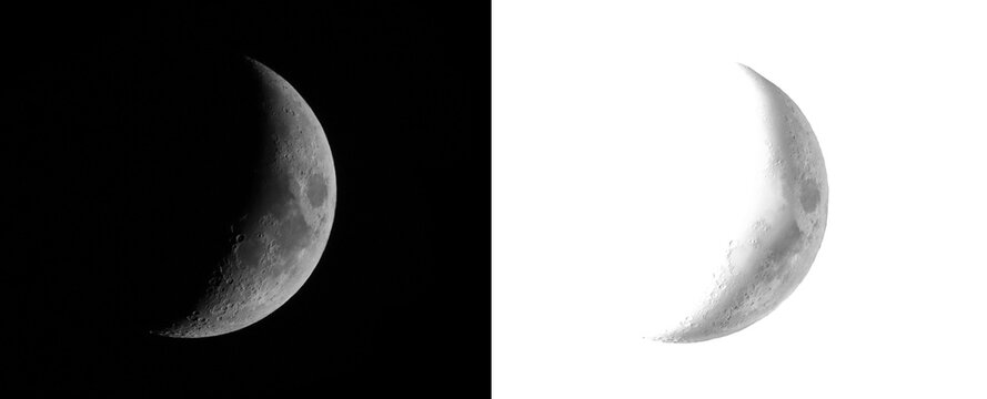 Crescent moon isolated on black and white, clipping path