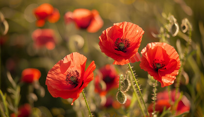 Obraz premium close up of red poppy flowers in a field