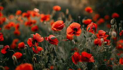close up of red poppy flowers in a field