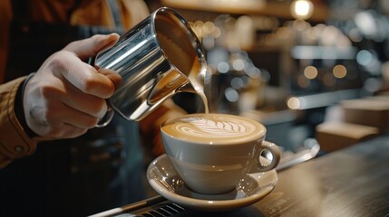 A barista pours steamed milk into a white cup of coffee, forming a delicate latte art leaf pattern, with a modern cafe background and focus on the cup and hand.