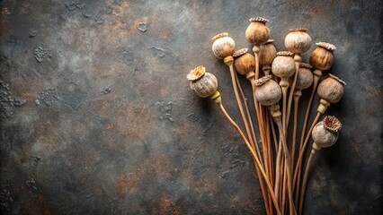 Bouquet of dried poppy heads on dark grunge background, top view, flat lay, copy space, poppy, dried, flower, bouquet