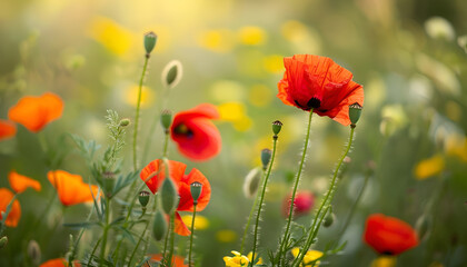 Fototapeta premium close up of red poppy flowers in a field