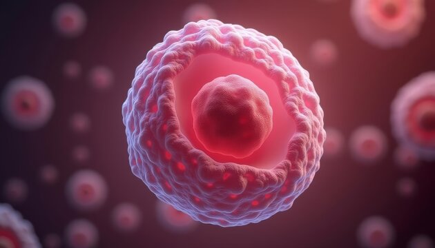  3D rendering of a human cell with a nucleus and mitochondria