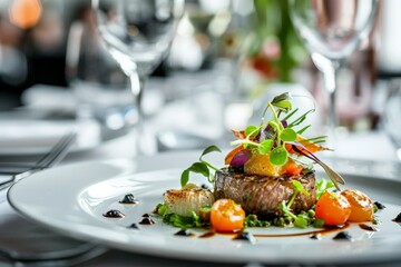 An elegant dish showcasing a perfectly cooked filet mignon accompanied by assorted vegetables, garnished with greens and vibrant colors, skillfully plated on a white dish.
