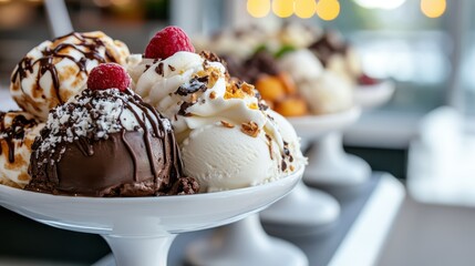 Elegant presentation of ice cream desserts served on plates, garnished with fresh raspberries and drizzled with chocolate sauce, offering a luxurious and appetizing visual appeal.
