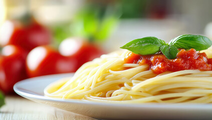 Delicious spaghetti with tomato sauce and basil