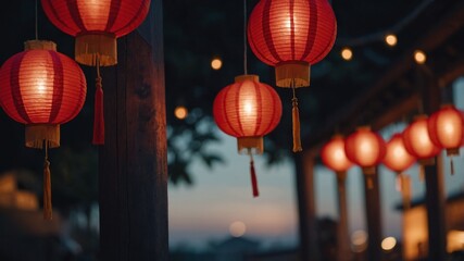 red chinese paper lantern hanging in a row.