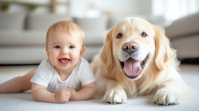 A joyful baby and a friendly dog pose together on a white carpet, sharing a delightful moment of companionship in a warm and inviting living space.