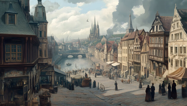 An illustration of the center of a European city in the 19th century